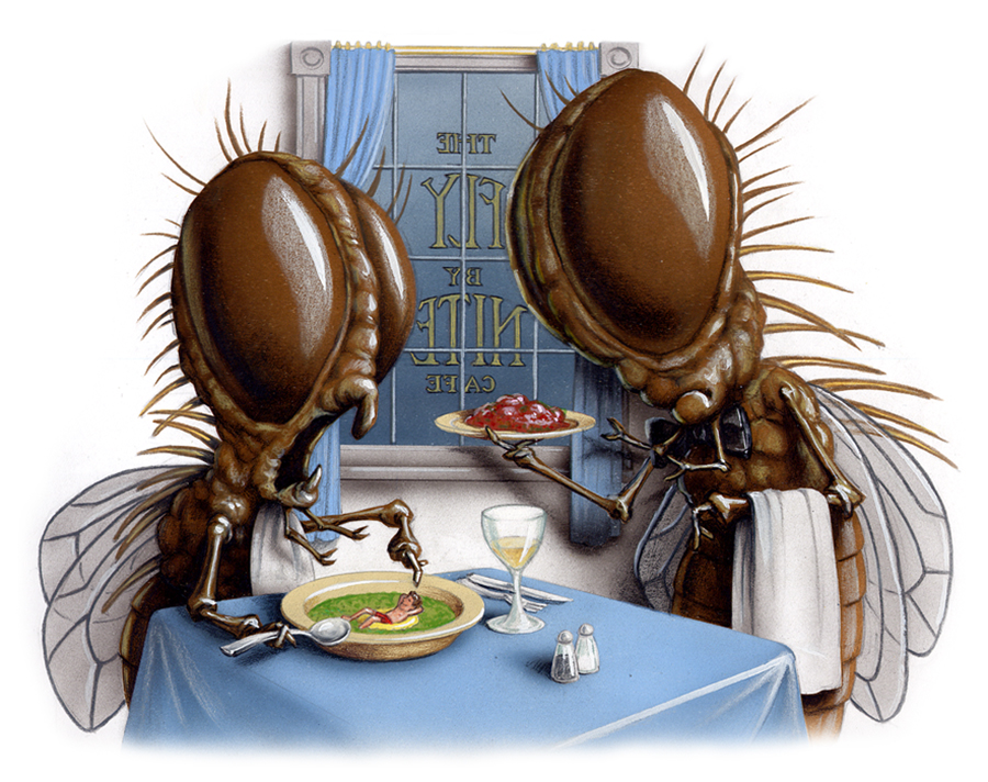 Airbrushed Illustration by John Fraser for The Toronto Star called There's A Man In My Soup, flies, bugs in the food, The Fly By Nite Cafe, restaurant, cafe, eating out