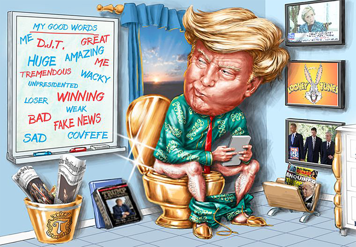 digital illustration by John Fraser of Donald Trump sitting on the toilet early in the morning and tweeting, toilet, tweet, social media, Donald Trump, Potus, keywords, President, gold toilet, White House