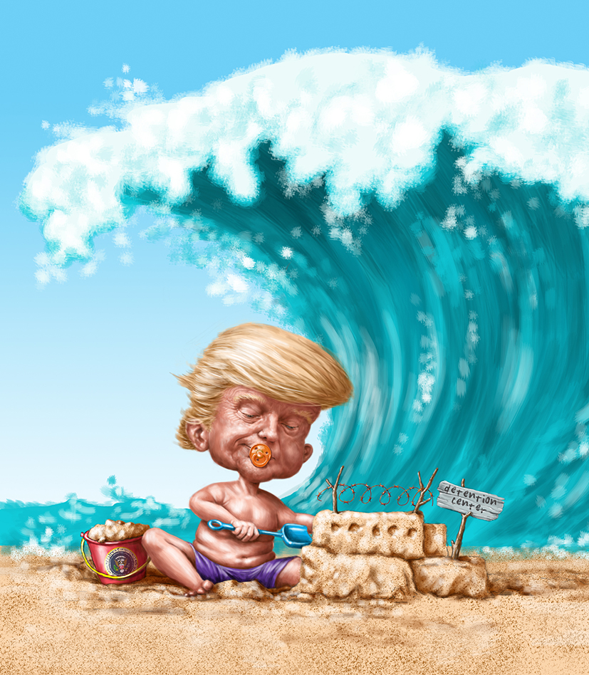 Trump building detention center sandcastle on beach as blue wave comes crashing over him.