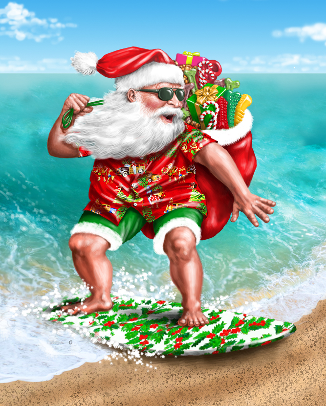 Funny Santa surfing into an Hawiian beach on a surfboard.